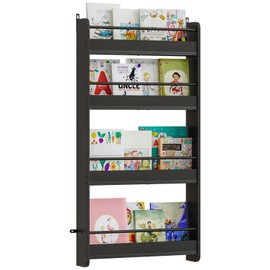 MAHANCRIS Kids Bookshelf, 4-Tier Wall Mount Bookshelf for Kids, Behind The Door Bookshelf, Hanging Book Shelf for Kids Room, Playroom, Bedroom, Living Room, Black KBBK7601