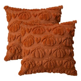AVOIN colorlife Fall Pumpkin Heart Caramel Throw Pillow Covers, 16 x 16 Inch Seasonal Autumn Thanksgiving Harvest Soft Plush Faux Fur Jacquard Cushion Case Decoration for Sofa Set of 2