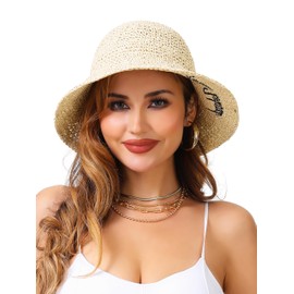 Womens Straw Sun Hat Wide Brim Hand Woven Foldable Beach Embroidered Bucket Hat for Summer Travel UV Protection (One Size,Letter Beige)