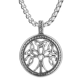 OIDEA Men's Necklace with Tree of Life Circle Pendant, O Chain Wheat Chain Made of Stainless Steel, Silver Black