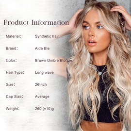 Brown Ombre Blonde Long Wave Wig for Women -26inch Middle Part Long Curly Wig Heat Resistant Fiber Hair Looking Natural, Synthetic Wig for Daily Party Use