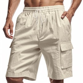 TAFLE Mens Linen Cargo Shorts Casual Summer Beach Shorts Elastic Waist Drawstring Cargo Pants with Multiple Pockets Khaki