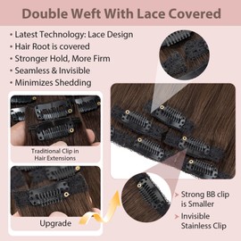 Silk-co Clip in Hair Extensions Real Human Hair Extension Double Weft With Lace Coverd Clip in Silky Straight 100% Natural Very Thin Highlight efffect for Women 6PCS 6Clip 14Inch #02 Dark Brown 36g