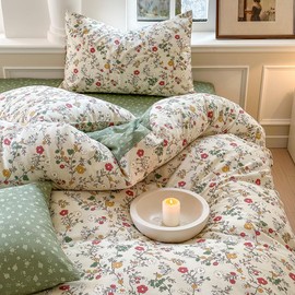 Covebett Bed Linen, 135 x 200 cm, Cotton Green and Beige, Flowers/Plants Pattern 2-Piece Bedding Set, Aesthetic, Vintage, Girls’ Duvet Cover and Pillowcase, 80 x 80 cm, with Zip