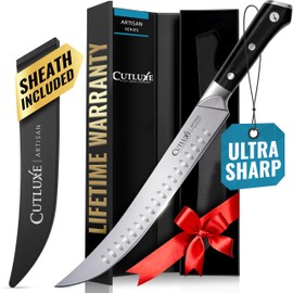 Cutluxe Butcher Knife – 10″ Cimeter Breaking Knife, Razor Sharp Forged High Carbon German Steel, Full Tang Meat Carving Knife, Ergonomic Handle Design, Grilling Gifts for Men – Artisan Series