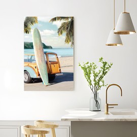 coastal wall art surfboard pictures: beach car wall decor seaside artwork surfing ocean print in beach canvas painting for living room 45" x 30"