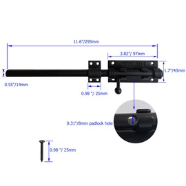 Proshopping 12 Inch Barrel Bolt Latch, 304 Stainless Steel Heavy Duty Gate Latch Slide Lock with Padlock Hole, 14mm Dia.Rod Security Sliding Bolt Gate Latch for Wooden Fence, Door Latch - Black