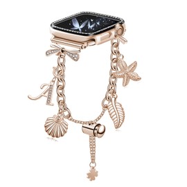 Bling Bracelet Band Compatible with Watch Bands 38mm 40mm 41mm 42mm 44mm 45mm,Adjustable Women Bracelet with Charms for iWatch Series 7/6/5/4/3/2/1/SE(Rose Gold-A)