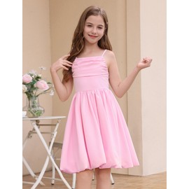 IBAKOM Girl Sleeveless Formal Party Prom Dress Ruffle Front Smocked Back Flower Bud Skirt Teen Fancy Graduation Homecoming 6th Grade Dress Teenage Girl Wedding Guest Birthday Outfits Pink 15-16 Years