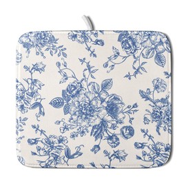 Vintage Blue Floral Dish Drying Mat for Kitchen Counter 16x18 Inch Chinoiserie Flowers Absorbent Reversible Microfiber Dish Pad Dish Drainer Rack Mats Countertops Protector Mat