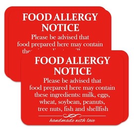 4 Pack Food Allergy Notice Sign Allergen Caution Warning Sticker 10x7 Inches-Caution Danger Safety Security Signs Food Allergy Warning Label for Grocery Stores,Food Packaging (Red)