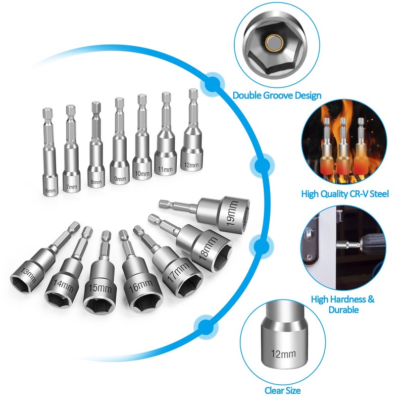 Magnetic Nut Setter Driver Drill Bit Set 14 Pieces 6-19mm