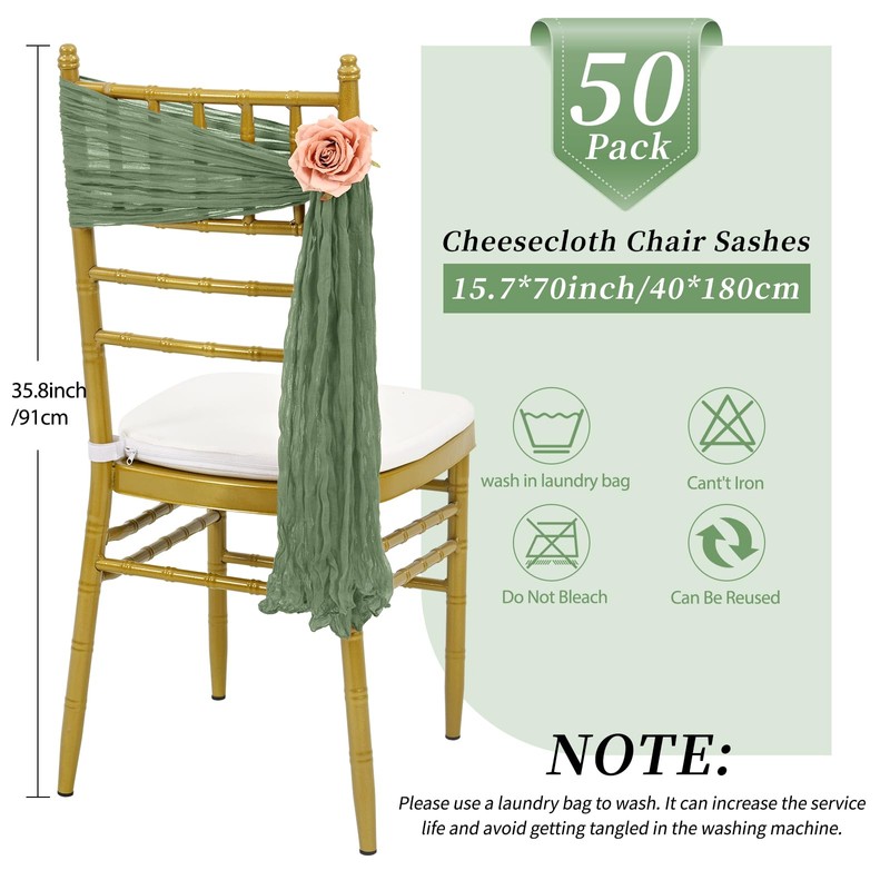 REWOMC 50 PCS Cheesecloth Chair Sashes, 15.7x70 Inch, Sage Green