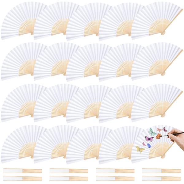 JOHOUSE White Paper Fans, 28PCS Handheld Folding Fans Foldable Bamboo Fans Japanese Chinese Style for Wedding DIY Crafting Wall Decoration Party Favors