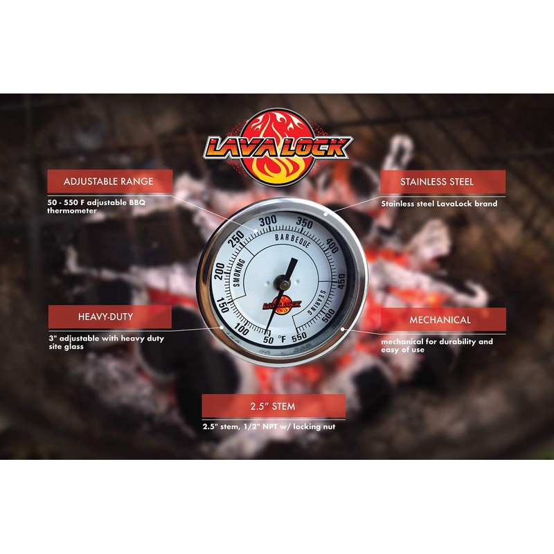 LavaLock® 3" Adjustable Gas Charcoal Smoker Pit Grill BBQ Thermometer