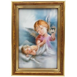 Lunexus Guardian Angel Picture 12 x 17 cm with Wooden Frame and Real Glass - Catholic Blessed - Angel with Lantern Protects Sleeping Baby - Wall Picture Birth Christening Children's Room Religious