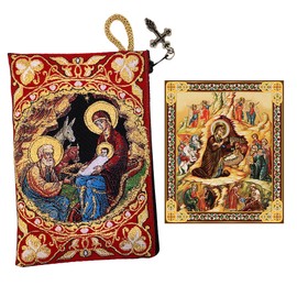 Needzo Nativity of Christ Tapestry Keepsake Pouch Case With Nativity Icon Byzantine Style, Red, Christmas Gift For Kids Adults, Set of 2