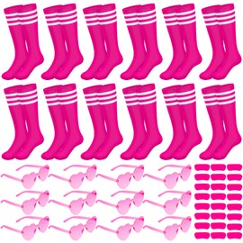 Demonwer 36 Pcs Women Knee High Socks Set 12 Pink Softball Socks 12 Eye Stickers 12 Sunglasses Sport Accessories for Youth Women Adult Sports Party Supplies
