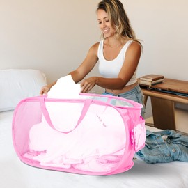 Diggoour Durable Collapsible Laundry Baskets, Mesh Pop Up Laundry Hamper with Handy Pocket, Foldable Clothes Hamper with Reinforced Carry Handles for Laundry, Bathroom, Kids Room or Travel Pink