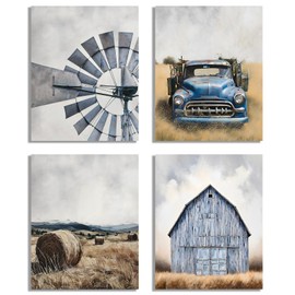 NIIORTY 4 Set Rustic Farmhouse Wall Art, Vintage Windmill, Classic Blue Truck, Hay Bale Field, Blue Barn Canvas Prints, Western Country Home Decor, 8x10 Inch Unframed