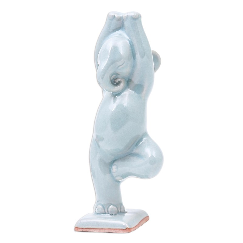 NOVICA Elephant Tree Pose Celadon Ceramic Figurine