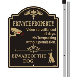 Andchi 2-pack Yard Signs Aluminium Surveillance Warning Sign Dog Sign Safety Signs with Alu Stakes and Accessories (Black, 24.6 * 29.6cm)