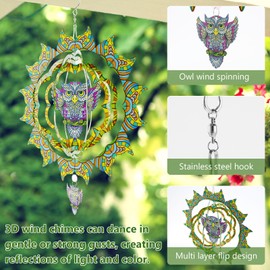 Foribyw, Wind Spinners 3D Stainless Steel Owl Spinners Ornament Owl Hanging Wind Spinners with Hook Outdoor Metal Hanging Owl Decor Garden Art Wind Spinners for Outside Indoor Backyard Patio