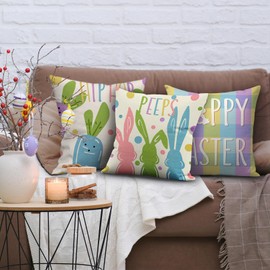 FUYUCHEN Happy Easter Pillow Covers 18x18 Set of 4 Hunny Bunny Rabbit Buffalo Plaid Polka Dots Throw Pillows Decorative Spring Pillowcases for Sofa Couch Home Farmhouse Holiday Decorations