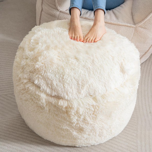 HIGOGOGO Round Stuffed Pouf Ottoman, Long Faux Fur Poufs with