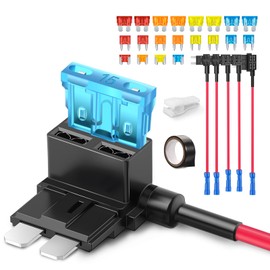 JOREST 6Pcs 3Types Fuse Tap Adapter Kit, 12V-32V MIcro Mini standard Add-a-Circuit ATO ATC ATM APM Fuse Tape Holder Jumper with 20Pcs(5A 10A 15A 20A) Automotive Fuses +Electrical Tape+Puller