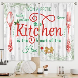 Riyidecor Christmas Kitchen Curtains Merry Xmas Rustic Farmhouse Country Short Small Fork and Spoon Wooden Plank Rod Pocket Winter Holiday Bedroom Living Room Treatment Fabric 2 Panels 27.5Wx39H Inch
