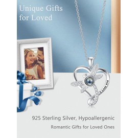 Dorunmo I Love You Necklace 100 Languages Projection Necklace 925 Sterling Silver Heart Dragonfly Pendant Necklace Romantic Valentines Birthday Gifts for friend Women