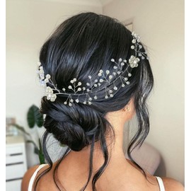 CASOLVX Bridal Pearl Hair Piece Wedding Hair Accessory Silver Rhinestone Vine Bride Hair Accessories for Women and bridesmaids