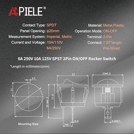 APIELE KCD1 Mini Round Toggle Switch SPST 2Pin Snap-in Design Car Boat Automotive with Wires Pre-Wired (KCD1-5-101-C-5)