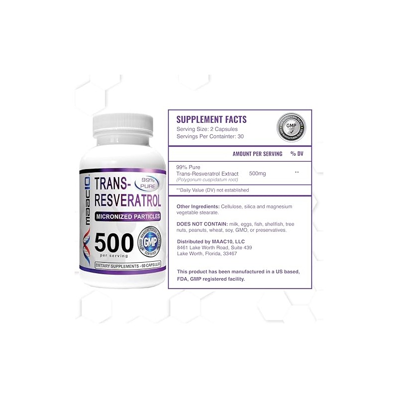MAAC10 Formulas Trans-Resveratrol 500mg + BioPerine 5mg For Enhanced Bioavailability