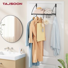 Tajsoon Over The Door Hanger with Storage Rack and 6 Hooks, Over The Door Clothes Racks for Hanging Towel & Coat, Door Rack Hanger for Bathroom, Bedroom, Living Room, Black