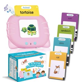 YAYOSUE Talking Flash Cards for Toddlers, Montessori Educational Toys for 1 2 3 4 5 Year Old, Educational Autism Sensory Toys for Autistic Children, Speech Therapy Toys-112 Cards (Cat-Pink-224Words)