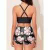 Herseas Women's Bikini Sets Black Floral Print High Waisted Longline