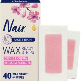 Nair Hair Remover Wax Ready Strips, Face and Bikini Hair Removal Wax Strips, Orchid and Cherry Blossom Extracts, Dermatologist Tested, Plus 4 Post Wipes, 40 Count