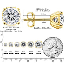 KRKC&CO Moissanite Earrings Studs 14K White Plated 925 Sterling Silver Earring Gifts for Women Men 1ct-3ct D Color VVS1
