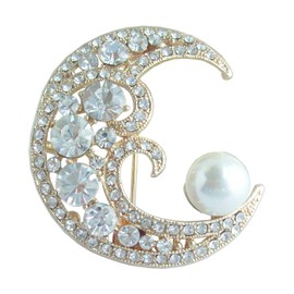 1.97" Pearl Austrian Crystal Half Moon Brooch Pin Pendant UKB5817 (Gold-Tone Clear)