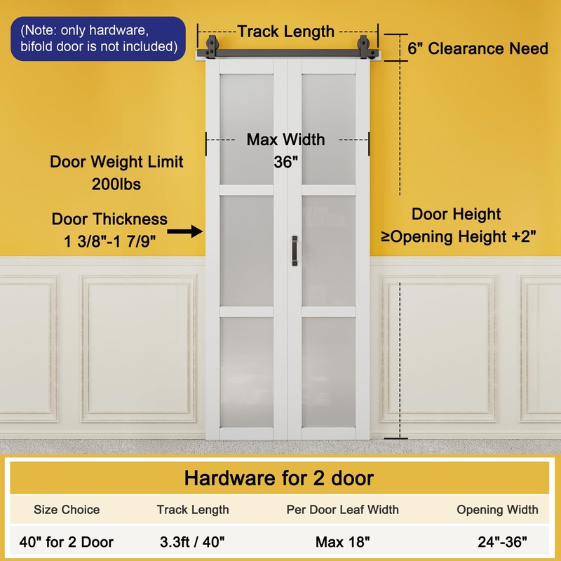 40" Bifold Barn Door Hardware Kit for Double 18" Doors,