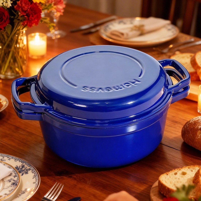 5Qt Enameled Blue Cast Iron With Double Handle Pot Lid