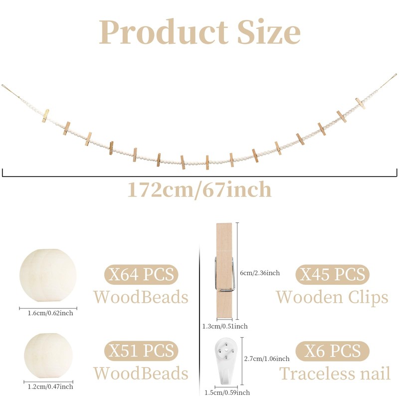 Hanging Photo Display with 15 Clips, 67 Inch Boho Wooden