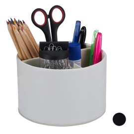 Relaxdays Desk Supplies 1 x Round 3 Compartments Pen Box for Home and Office Leather Look Organiser H x D 11.5 x 16 cm Cream PU Cardboard Material
