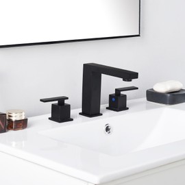 KINGO HOME 3 Hole Matte Black Bathroom Faucet, 8 Inch 2 Handle Modern Widespread Bathroom Sink Faucet, Vanity Basin Sink Faucet with Supply Hoses and Pop-Up Drain Stopper