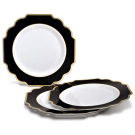 " OCCASIONS " 50 Plates Pack (25 Guests)-Heavyweight Wedding Party Disposable Plastic Plate Set -(25x10.5'' Dinner + 25x8'' Salad/dessert (Imperial in White/Black & Gold)