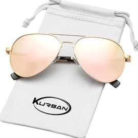 Kursan Kids Small Polarized Aviator Sunglasses for Boys Girls Age 4-18, 100% UV400 Protection, 52MM (Glod/Pink Mirrored)