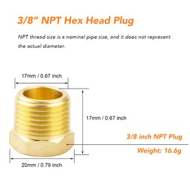 (6 Pack) Besosay 3/8 Inch NPT Male Brass Pipe Plug, Brass Outer Hex Thread Socket Pipe Fitting Plug