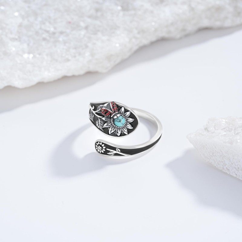 Nisgoin Sunflower Spoon Rings for Women- 925 Sterling Silver Turquoise